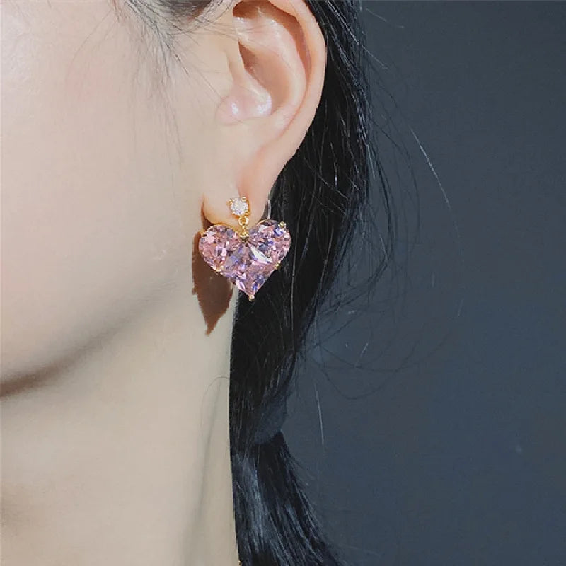 Fashion Cute Pink Heart Necklace Earrings Set Classic Niche Versatile Simple Wedding Clavicle Chain