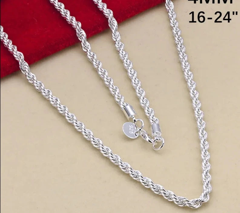 16-24inch for women men Beautiful fashion 925 Sterling Silver charm 4MM Rope Chain Necklace fit pendant high quality jewelry