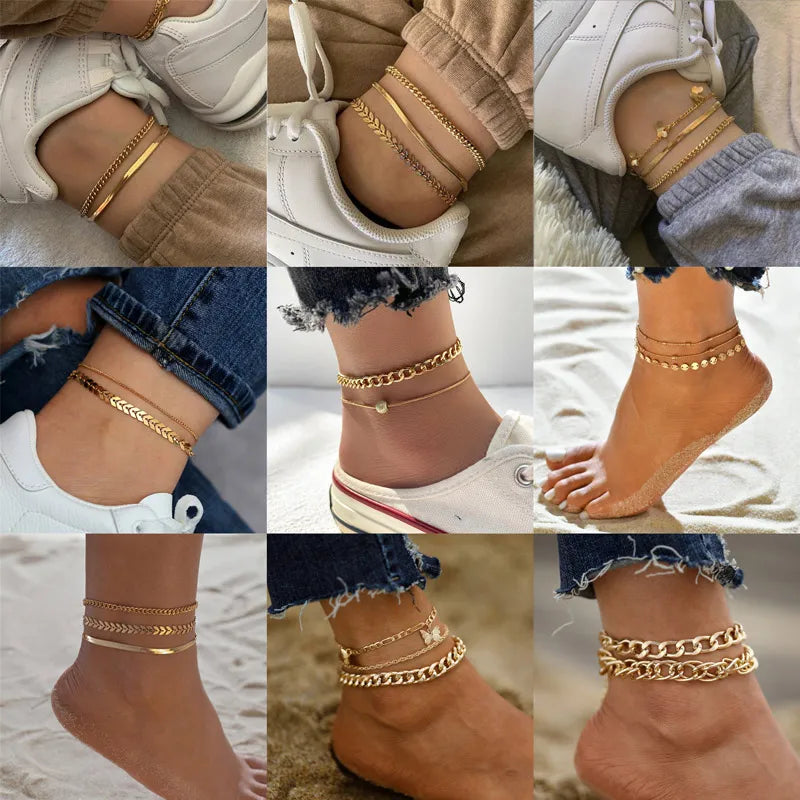 Modyle 2024 New Gold Color Simple Chain Anklet Bracelet for Woman Fashion Multilayer Anklet Summer Beach Jewelry