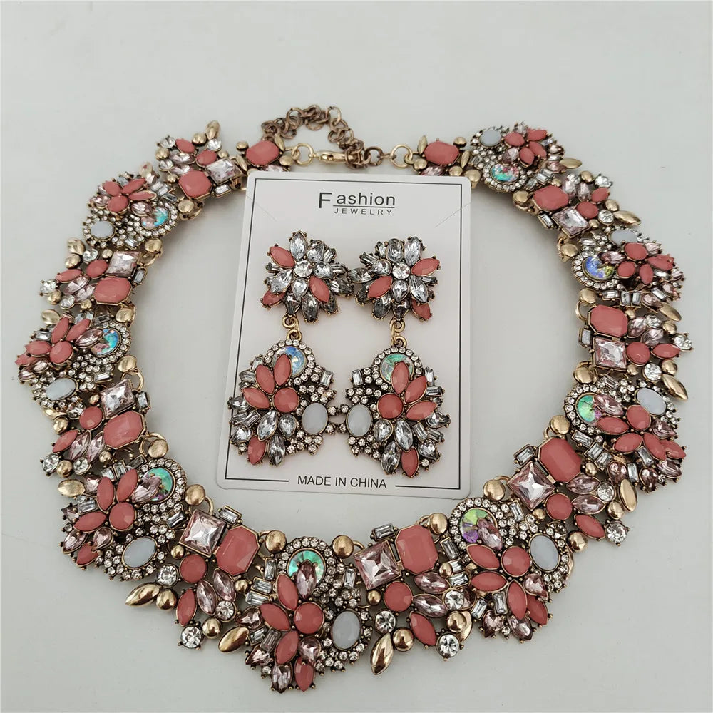 2025 New Fashion Crystal Rhinestones Large Collar Choker Necklace Earrings Women Jewelry Sets Indian Statement Wedding Necklace