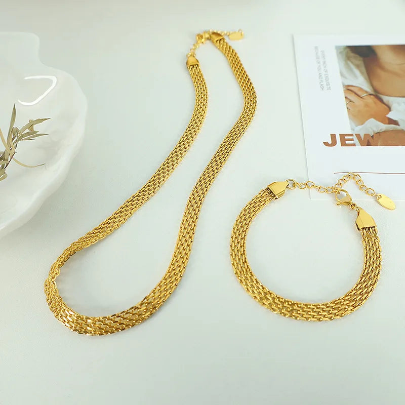 316L Stainless Steel Charm Woven Mesh Necklace Bracelet Set Set for Girl Women New IP Gold Plated Kpop Gift
