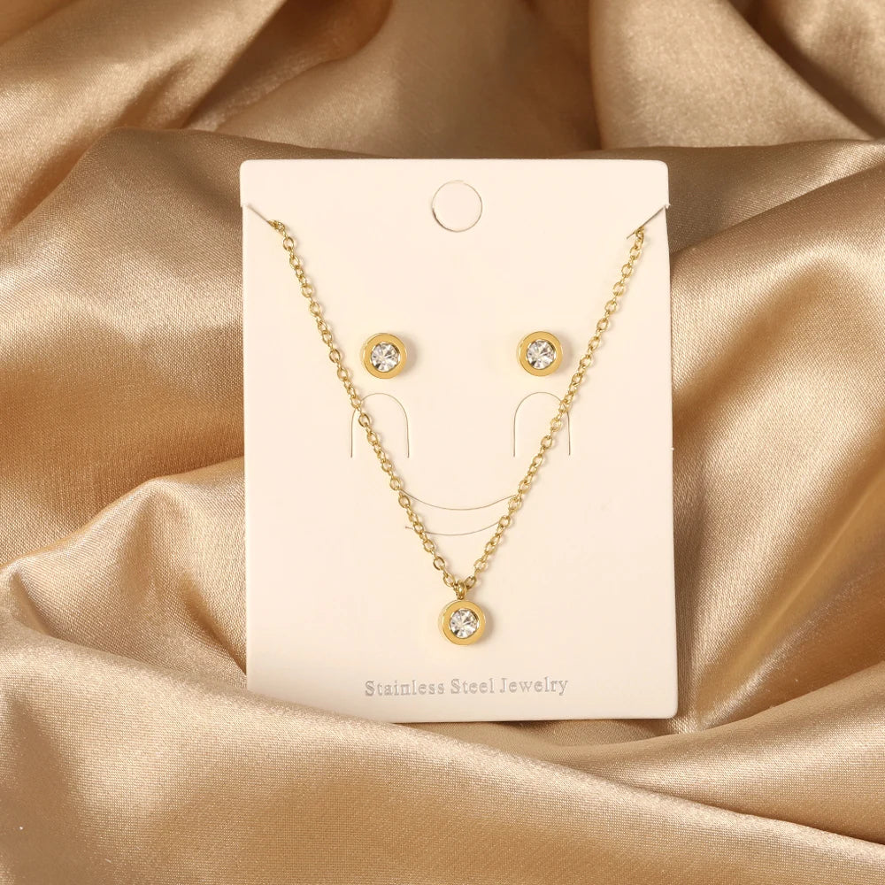 Bling Cubic Zirconia Necklace Earrings Set Stainless Steel Jewelry Woman/Girls Minimal joyas for Wedding Party 2025