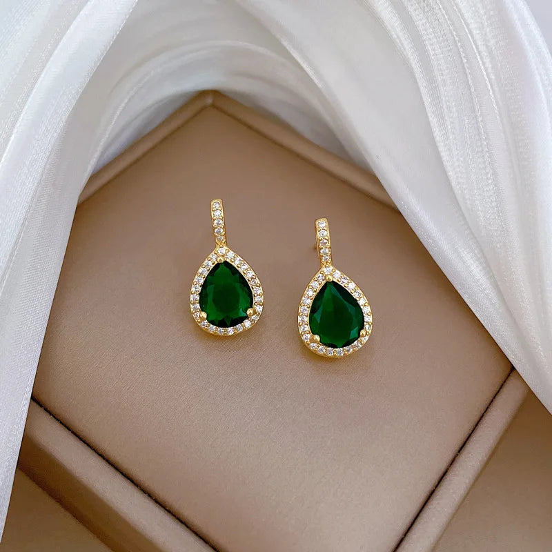 316L Stainless Steel Green Water Droplet Inlay Zircon Pendant Necklace Earrings Set Girl New Trend Jewelry Gift