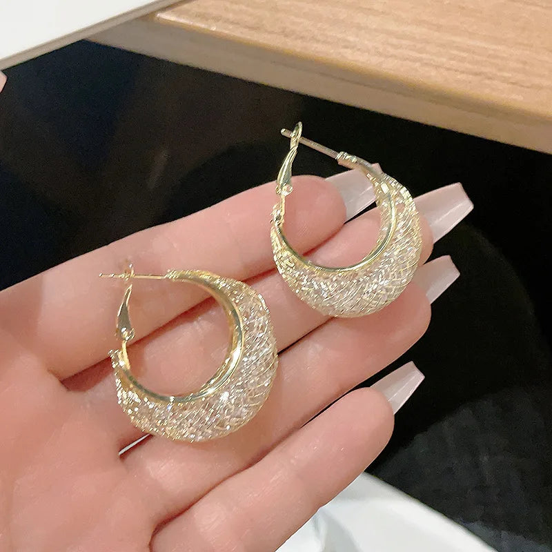 Minimalist Wire Mesh Zircon Round Hoop Earring for Women Unique Gold Color Loop Statement Party Jewelry LOVE Christmas Gift
