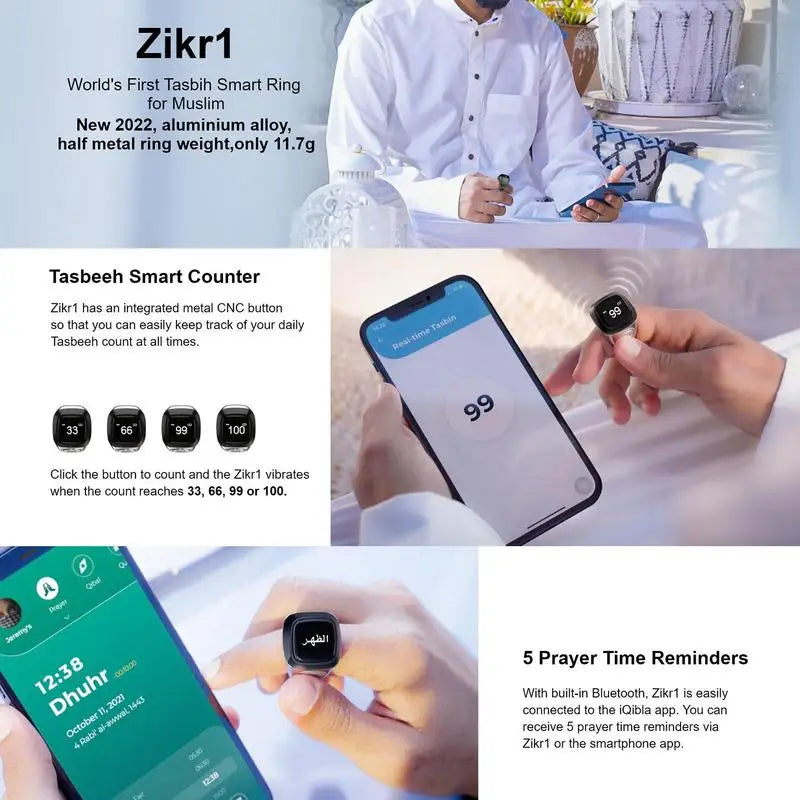 Smart Tasbih Tally Counter for Muslims Zikr Ring Digital Tasbeeh 5 Prayer Time Vibration Reminder Waterproof