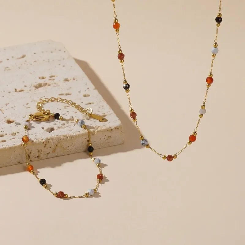 Colourful Beads String Natural Stone Bracelets Bohemia Titanium Steel Collarbone Chain Necklace Vintage Jewelry Sets for Women