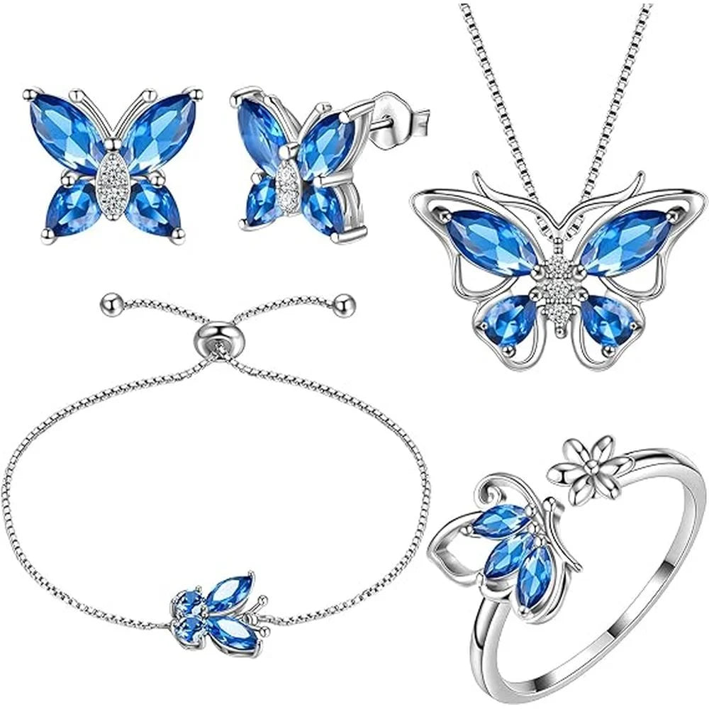 5pcs Butterfly Jewelry Set For Women Butterflies Birthstone Pendant Necklace/Earrings/Rings/Bracelet Wedding Gift