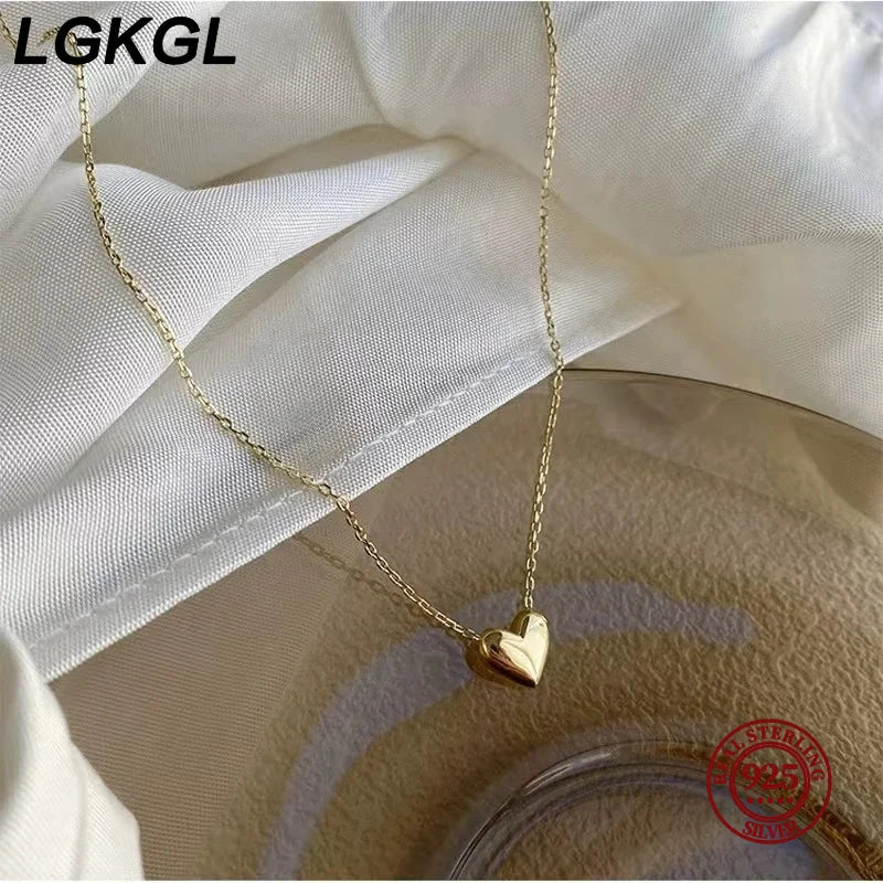 925 Sterling Silver Glossy Heart Pendant Plated 14K Gold Necklace Women  Fashion Temperament Anniversary Jewellery