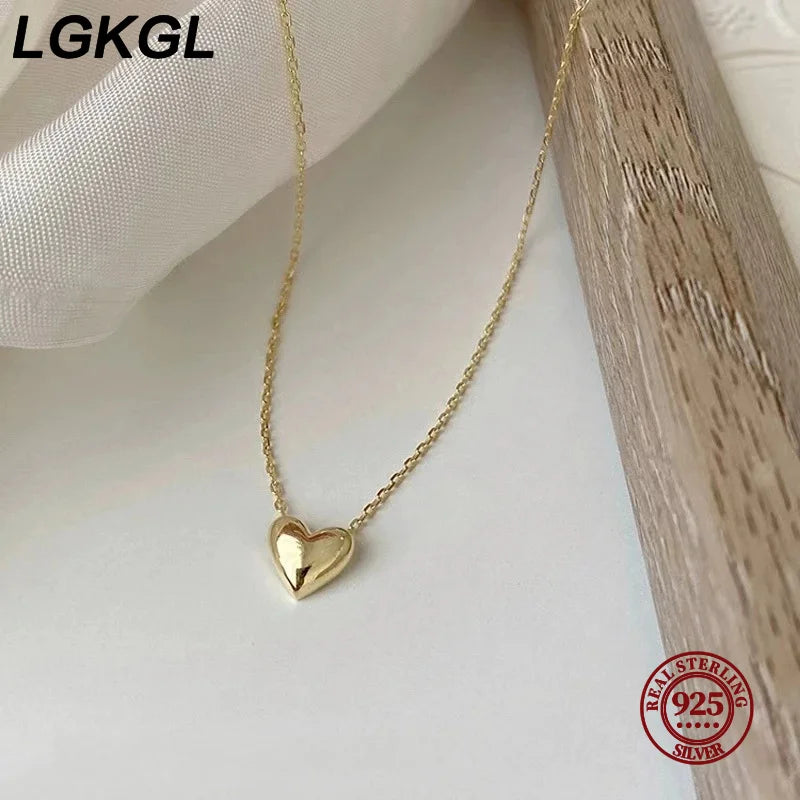 925 Sterling Silver Glossy Heart Pendant Plated 14K Gold Necklace Women  Fashion Temperament Anniversary Jewellery