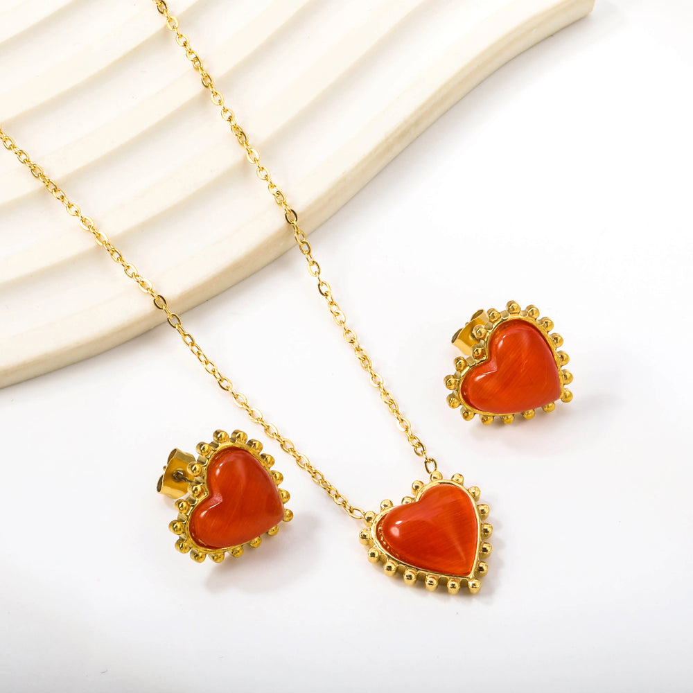 Korean Large Heart Jewelry Set Opal Red/Black Stone Love Pendant Necklace Earrings Steel Jewellery Valentine Gifts