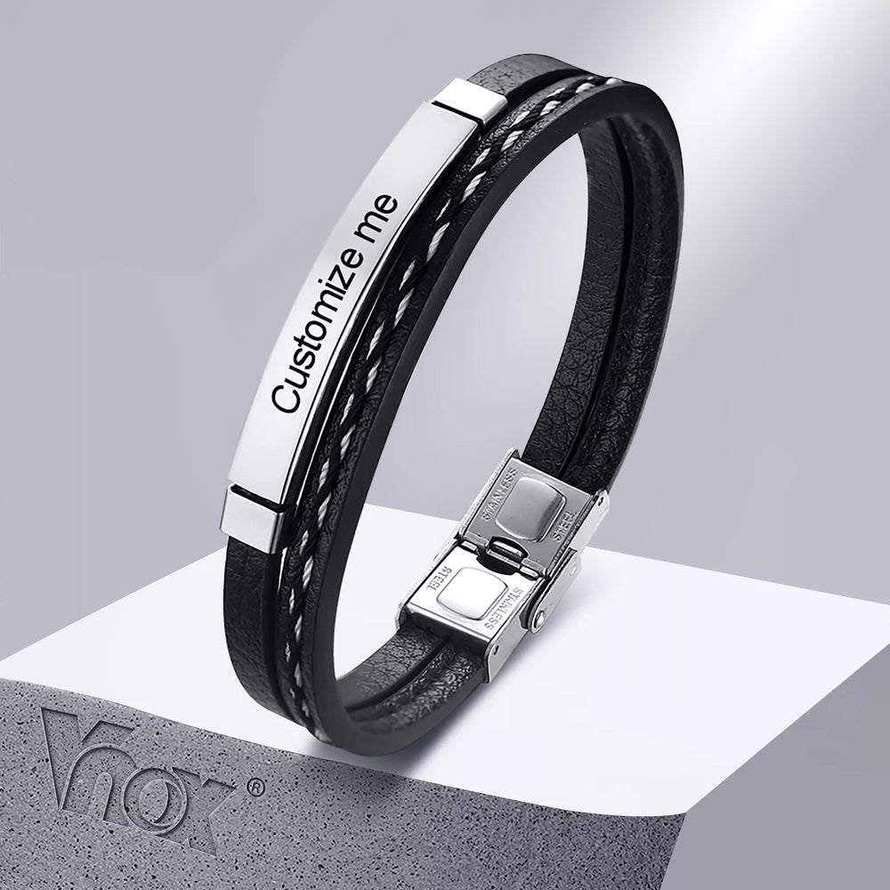 Multi Layer Leather Bracelets for Men Women Customizable Engraving Stainless Steel Casual Personalized Bangle