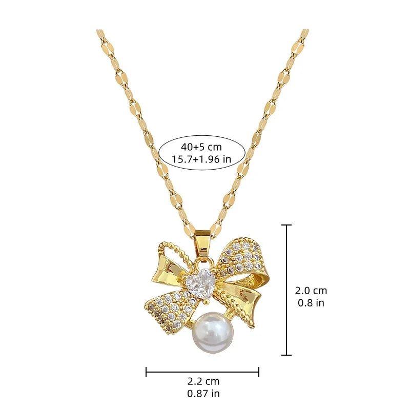 Classic Stainless Steel Gorgeous Pearl Bow Necklace Earrings Fashionable and Exquisite Temperament Evening Accessories