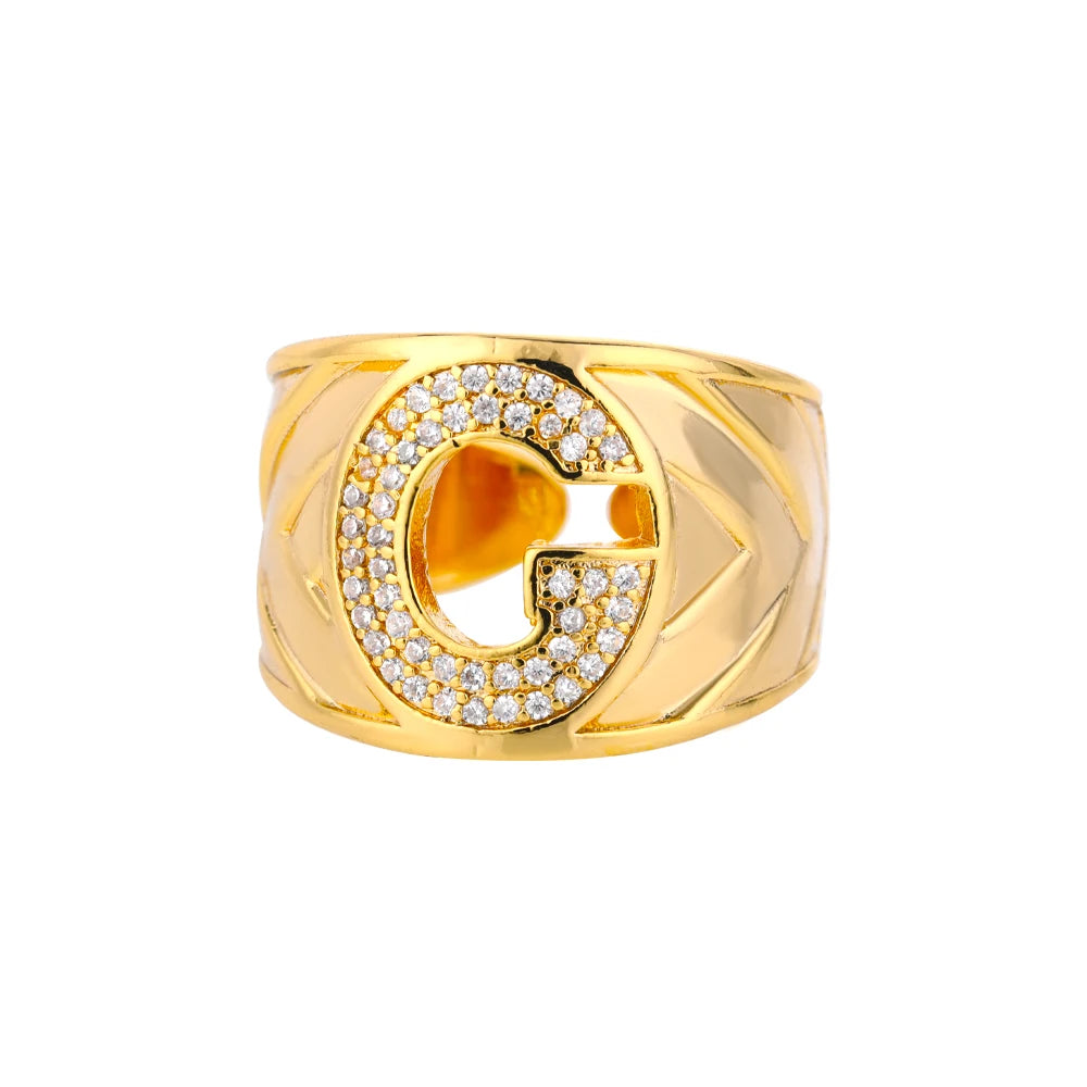 Chunky Wide Zircon Initial Letter Rings For Women Stainless Steel Opening Finger Ring Hip Hop Minimalist Jewelry Gift Femme