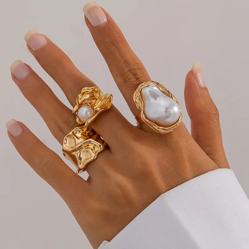New 3Pcs/set Gold Color Irregular Pearl Open Rings Set for Women Exaggerated Vintage Metal Folds Thick Chunky Ring Jewelry Gifts