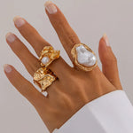 New 3Pcs/set Gold Color Irregular Pearl Open Rings Set for Women Exaggerated Vintage Metal Folds Thick Chunky Ring Jewelry Gifts