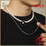 New Fashion Imitation Pearl Necklace Men Handmade Multiple Width Stainless Steel Cuban Chain Necklace For Men Jewelry