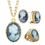 6 Colors Lady Queen Cameo Necklace Earring Ring Sets For Women Gold Color Pink Blue Gray Fashion Flower Cameo Jewelry Set