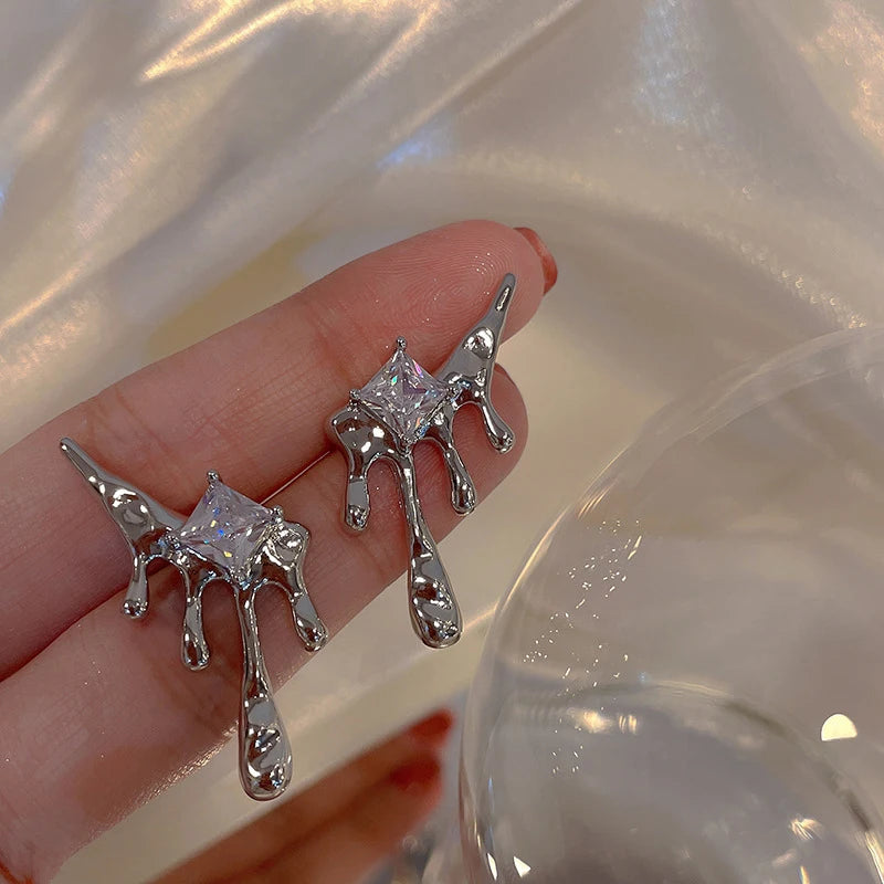 New Fashion White Square Rhinestone Zircon Double Pendant Gold Color Earrings for Women Unique Design Girls Trend Jewelry Gift