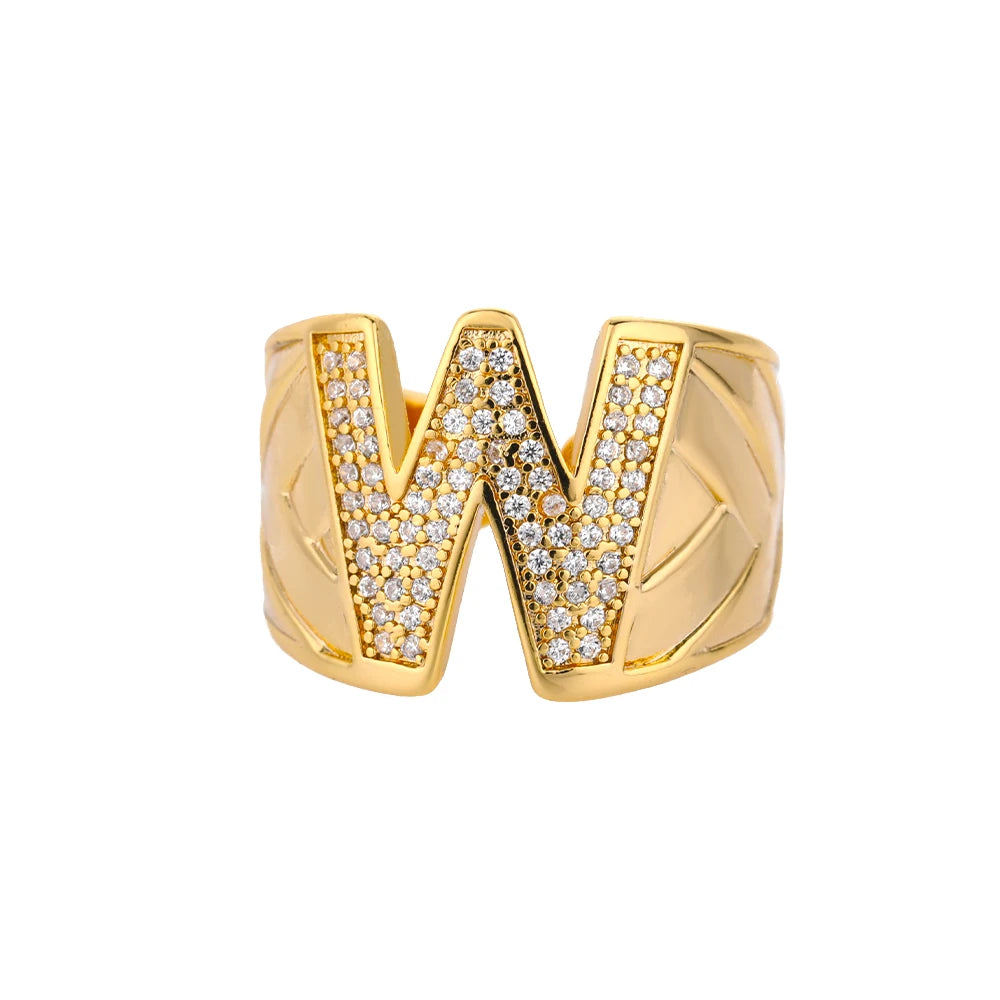 Chunky Wide Zircon Initial Letter Rings For Women Stainless Steel Opening Finger Ring Hip Hop Minimalist Jewelry Gift Femme