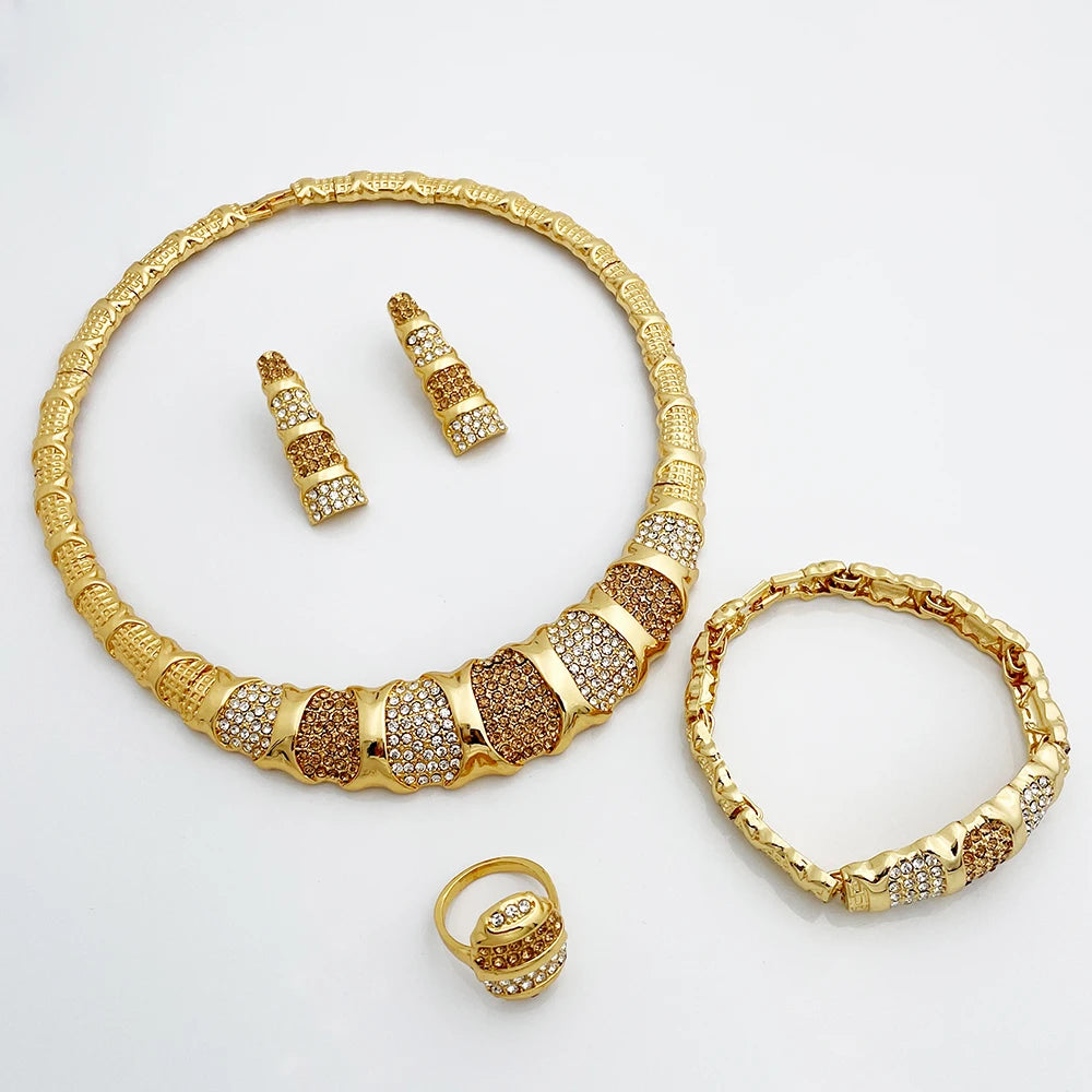 Dubai Gold Color Jewelry Set For Women Luxury Design Nigeria Trending Necklaces Earrings Ring Bracelet Wedding Party Gift