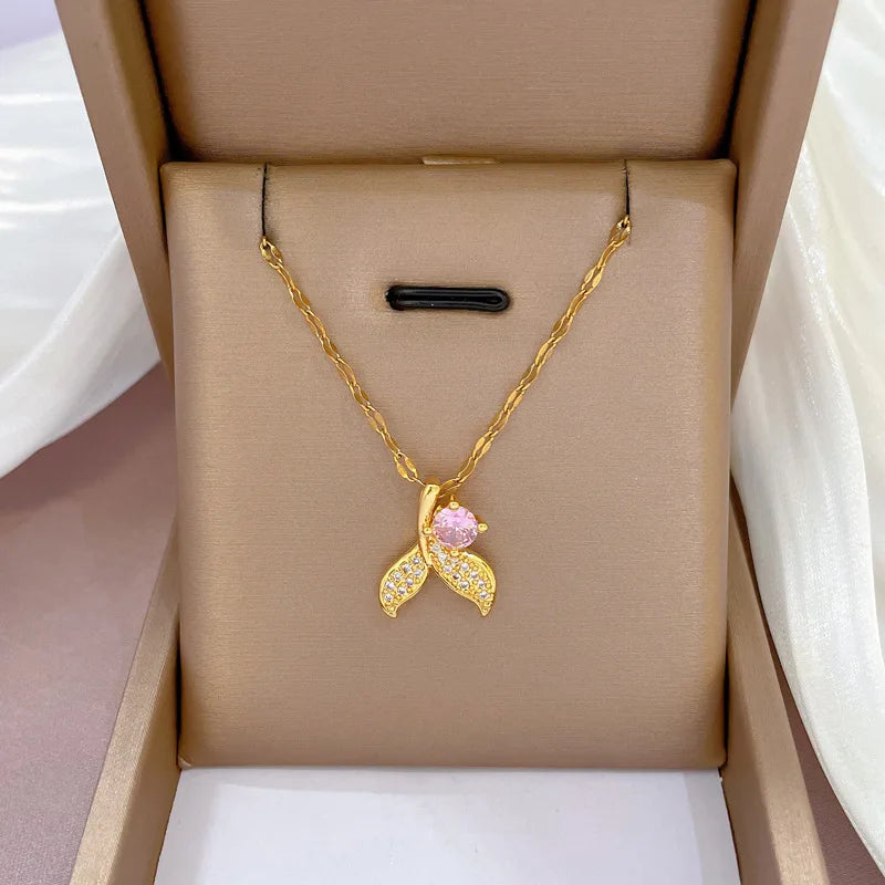 316L Stainless Steel Gold Color Multiple Styles Opal Rhinestone Animal Dolphin Rabbit Flower Butterfly Necklace For Women