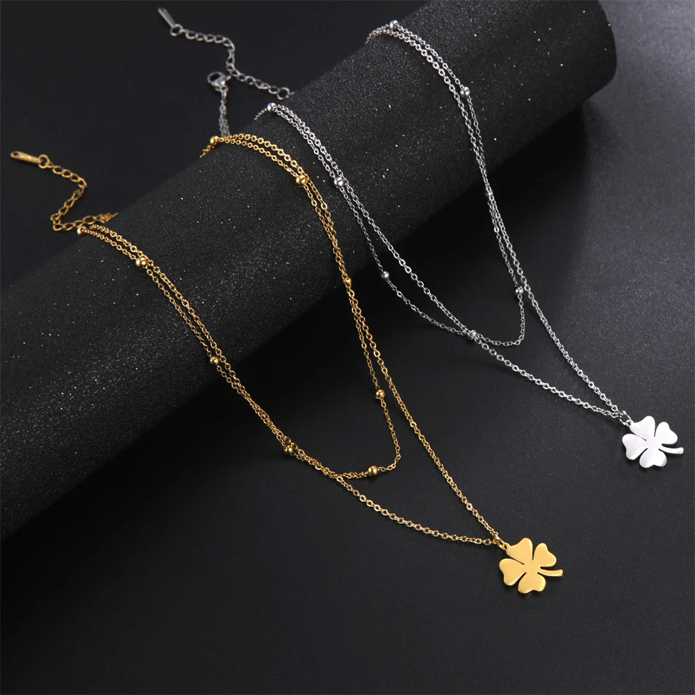 2025 Lucky Clover Pendant Necklace Stainless Steel Gold Color Double Layer Chain Necklaces for Women Girls Jewelry Gift