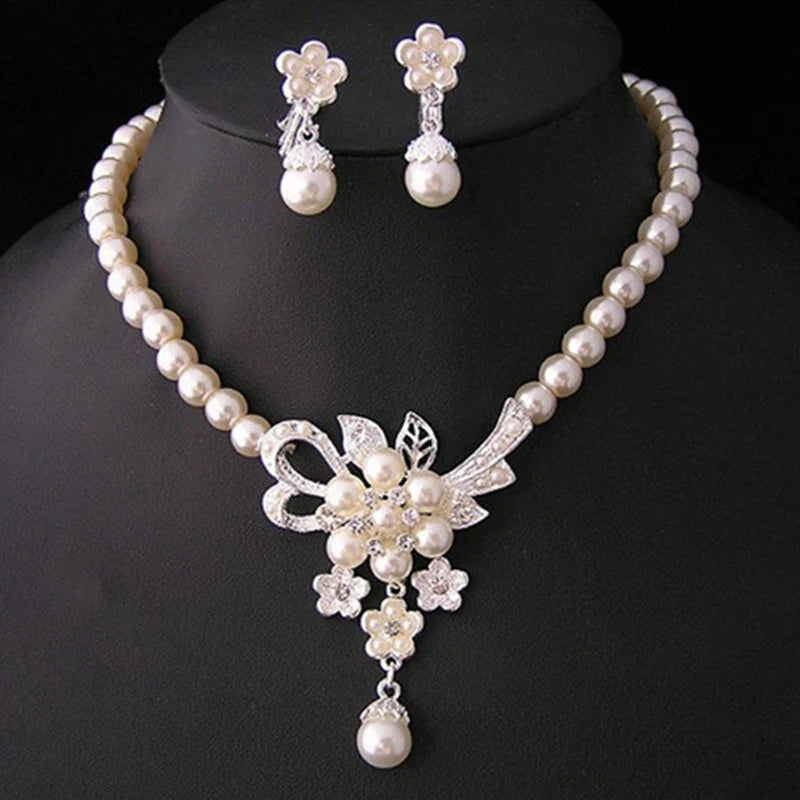 Women Bridal Elegant Wedding Party White Pearl Flower Rhinestone Angle Necklace Earrings Necklace Jewelry Set Banquet Gift