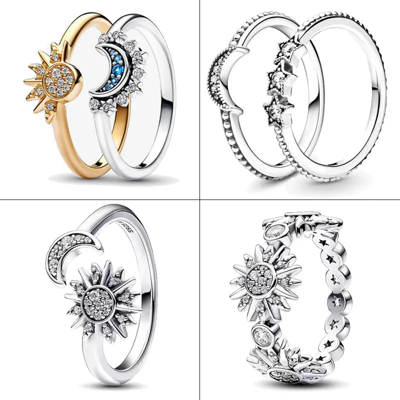 Hot Sale 2024 New 925 Silver Ring Celestial Sun & Moon Ring Set S925 Ring DIY Women Original Pandor Ring Fine Jewelry