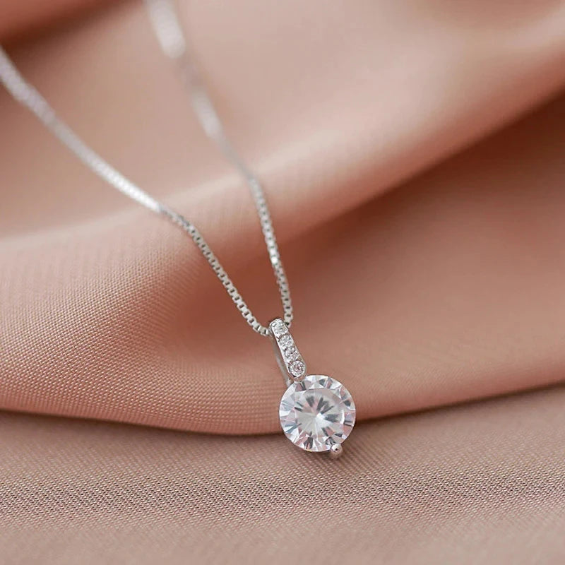 Round Cubic Zirconia Pendant Necklace for Women Box Chain Temperament Elegant Lady's Accessories Fashion Jewelry Gift