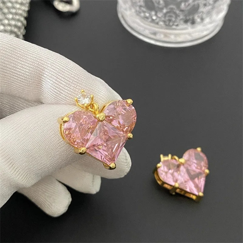 Fashion Cute Pink Heart Necklace Earrings Set Classic Niche Versatile Simple Wedding Clavicle Chain