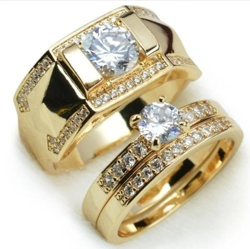 Luxury Women Ring Metal Carving Gold Color Inlaid Zircon Stones Couple Ring Bridal Engagement Wedding Jewelry