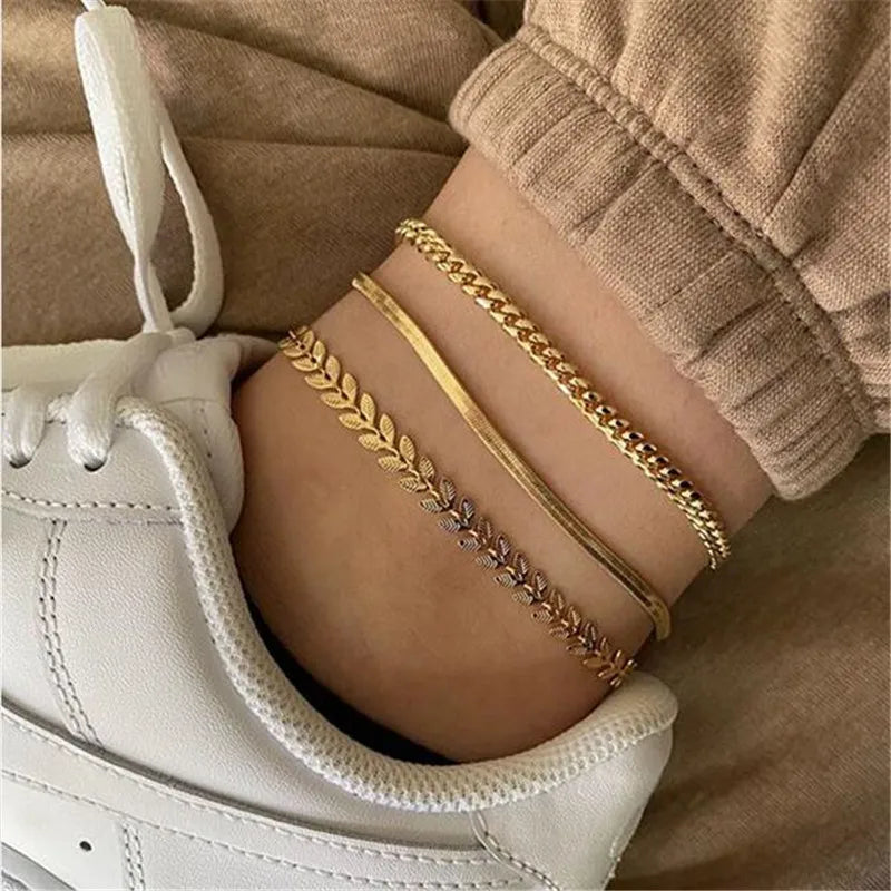 Modyle 2024 New Gold Color Simple Chain Anklet Bracelet for Woman Fashion Multilayer Anklet Summer Beach Jewelry