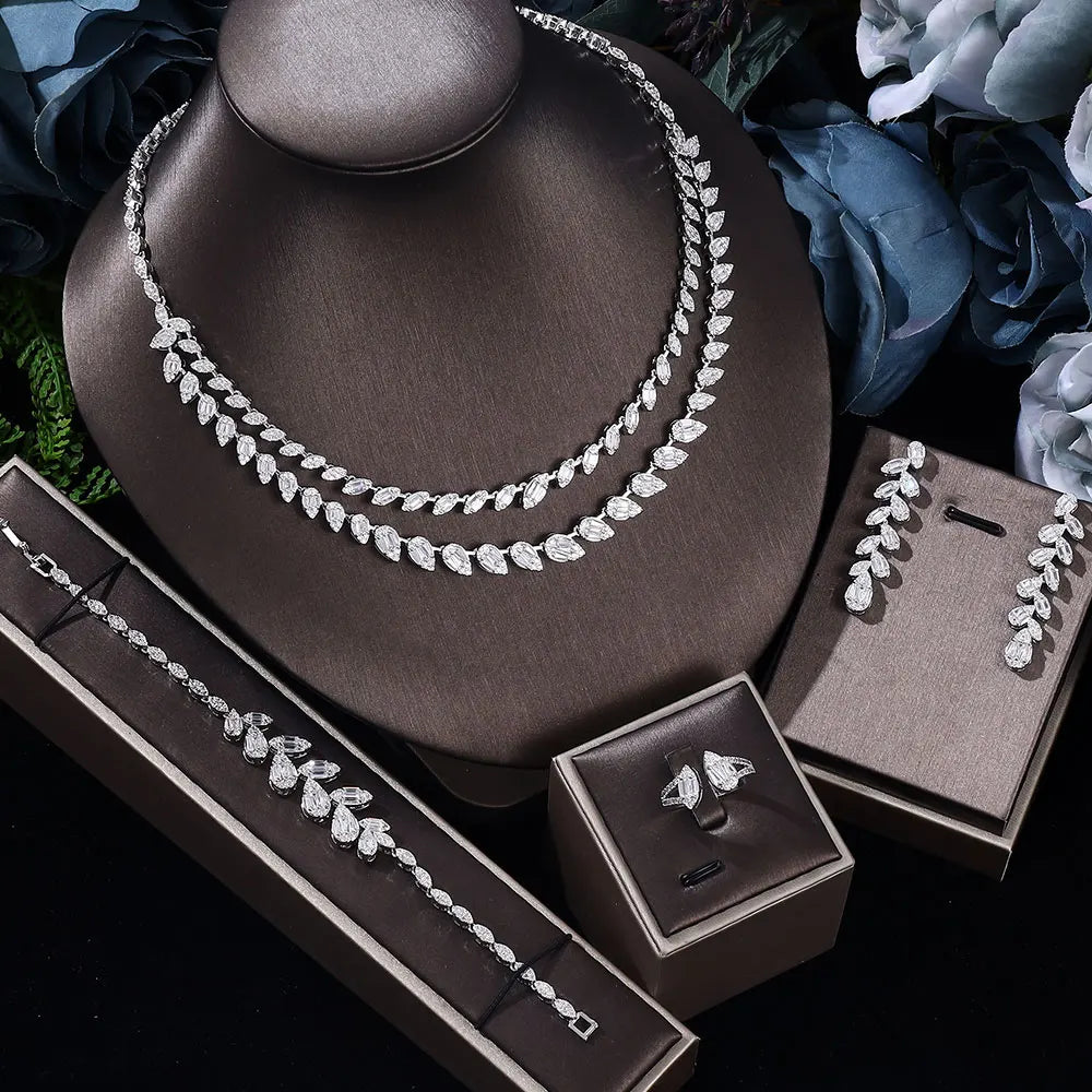 Elevate your wedding ensemble with our stunning zirconia jewelry set, featuring a necklace and earrings. This elegant bridal jewelry set is designed for women who appreciate timeless beauty and comes with free shipping.