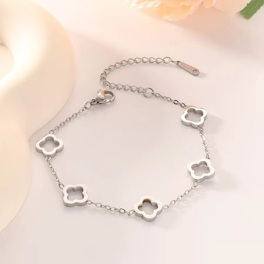 New Stainless Steel Hollow Clover Flower Necklace Bracelet Earnail Set for Women's Versatile Gift Accessories