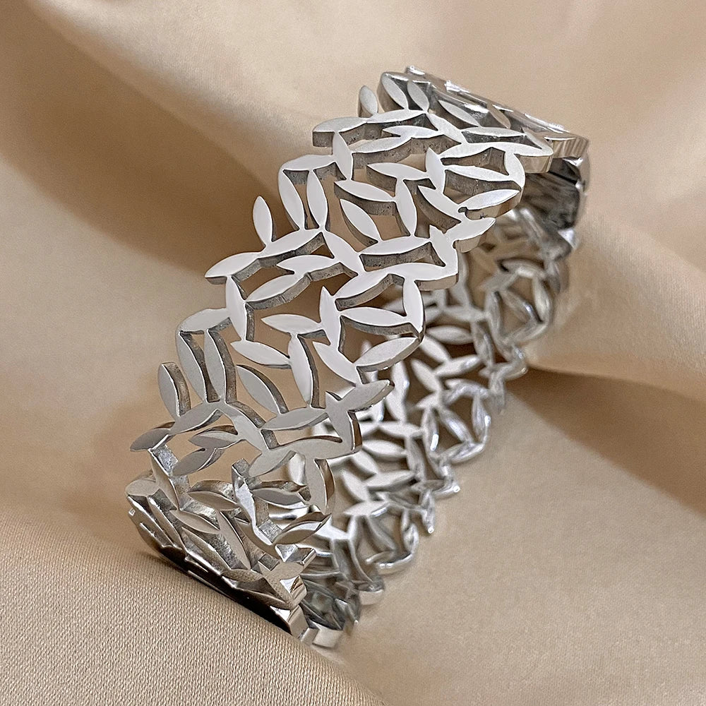 316L Stainless Steel Leaves Wide Chunky Bangles Bracelets for Women Unique Design Wrist Bracelet Waterproof Jewelry