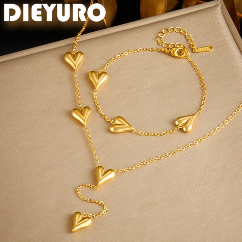 316L Stainless Steel Heartshaped Gold Color Bracelet Necklace For Girl Delicate Fashion Simplicity Pendant Jewelry Suit