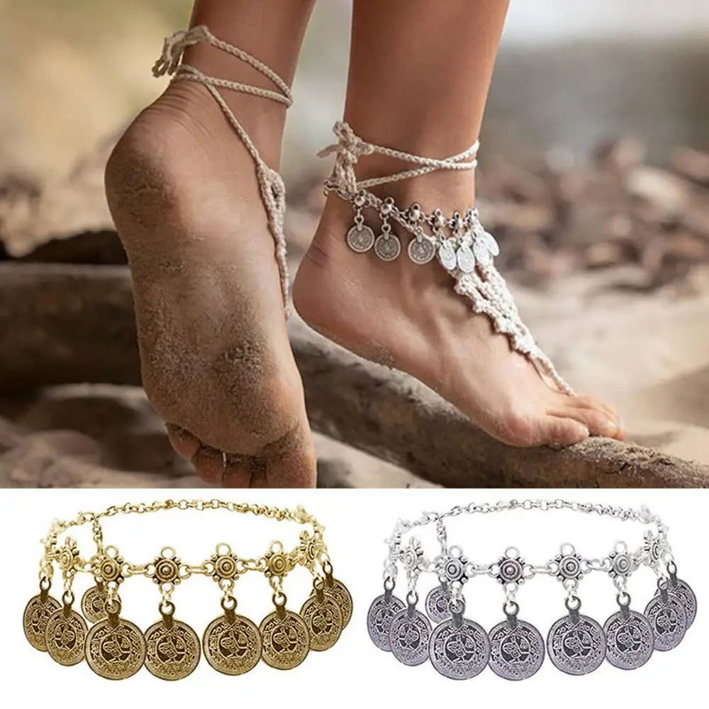 Anklet Retro Style Anklet Vintage Bohemian Women's Anklet with Hollow Pattern Metal Charm Adjustable for Beach