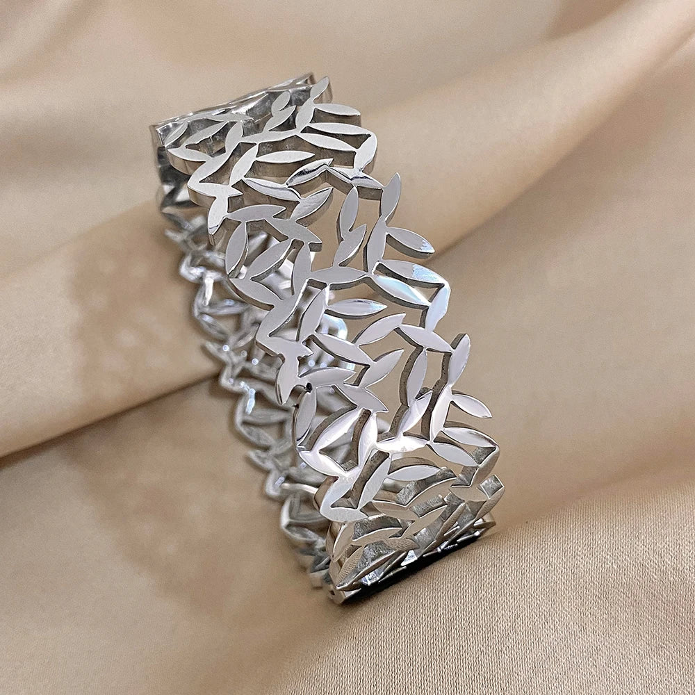 316L Stainless Steel Leaves Wide Chunky Bangles Bracelets for Women Unique Design Wrist Bracelet Waterproof Jewelry