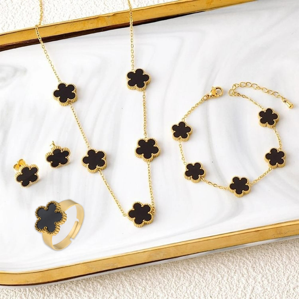 New Luxury Stainless Steel Five Leaf Flower Bracelet Necklace Earrings Ring Jewelry Set Classic for Woman Party Fashion Jewelry