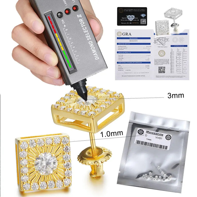 Fashion Square Hip Hop Sterling Silver Moissanite Earring For Women Jewelry Luxury Gift