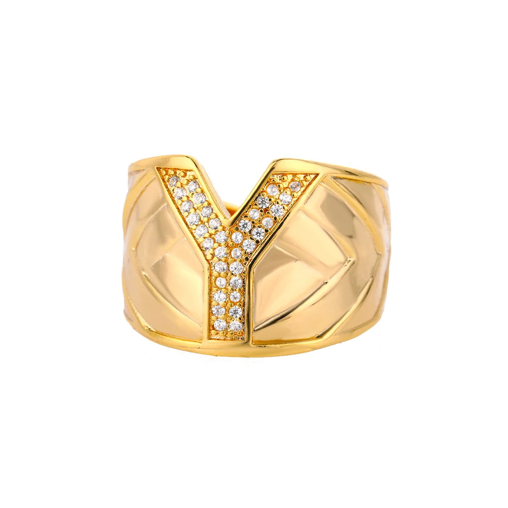 Chunky Wide Zircon Initial Letter Rings For Women Stainless Steel Opening Finger Ring Hip Hop Minimalist Jewelry Gift Femme