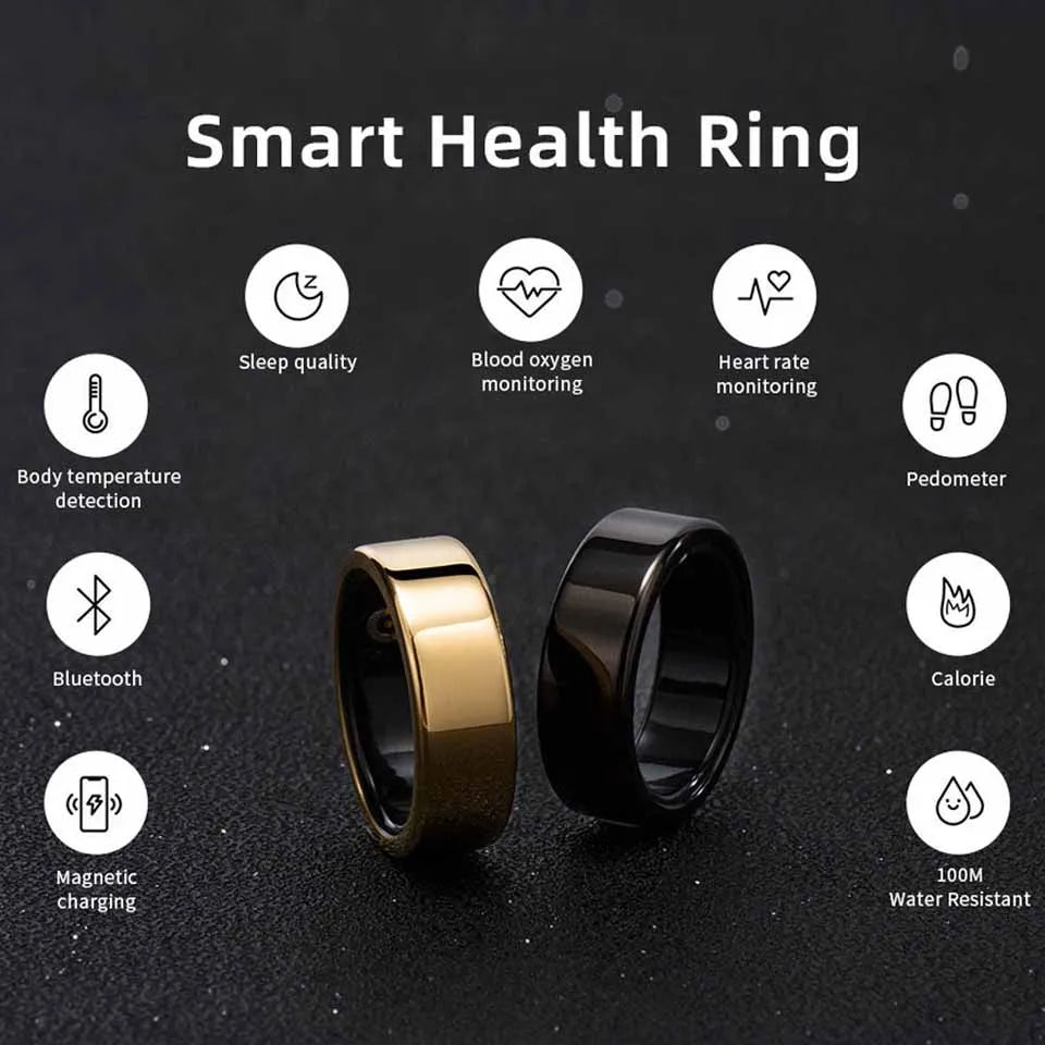 The smart ring is a Bluetooth-enabled fitness tracker that monitors heart rate, blood oxygen levels, and sleep patterns, providing comprehensive health monitoring in a compact and convenient design.