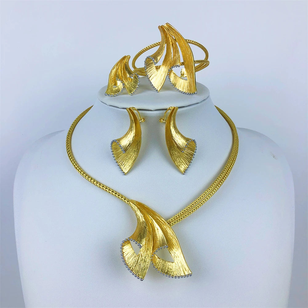 Italy 18K Gold Plated Jewelry Set For Women Two Tone Design Open Bangle Earrings Necklace Ring 4Pcs Set Jewelry Wedding Party