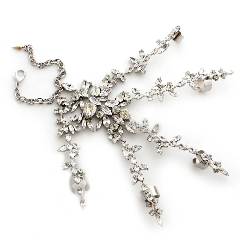 Crystal Finger Harness Bracelet Bridal Hand Decoration Wedding Gift Exaggerated Rhinestone Bangles Ring for Women