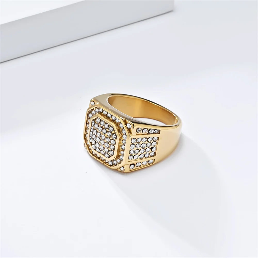 Hip Hop Iced Out Bling CZ Ring Male Gold Color Stainless Steel Zircon Geometry Rapper Rings for Men Fashion Jewelry Gift 2025