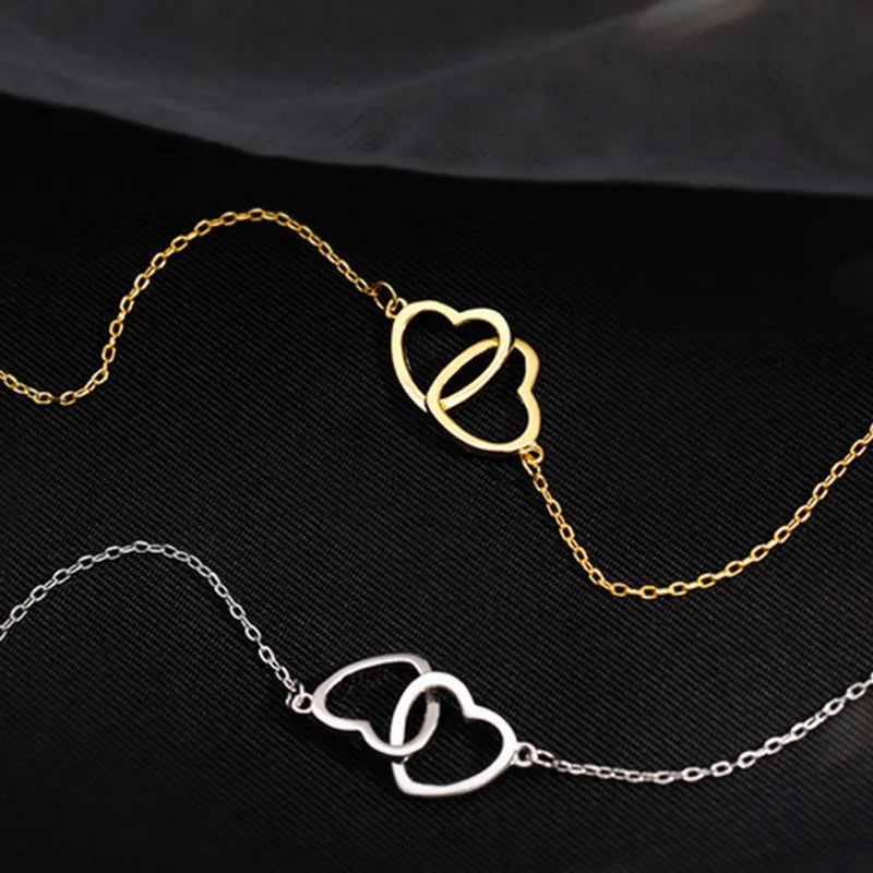 2024 Double Heart Pendant Necklace for Women Couple Choker Gold Silver Color Chain Wedding Party Friends Jewelry Gift