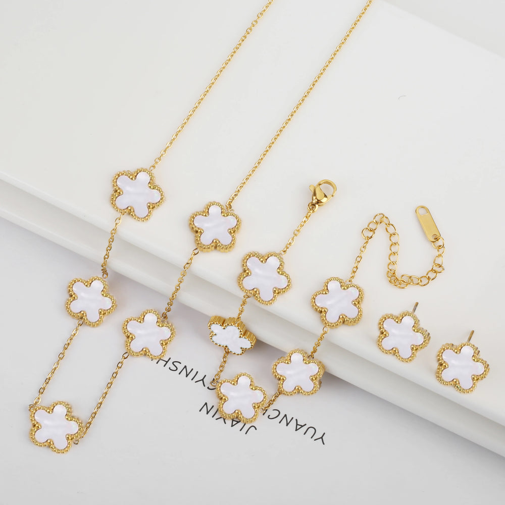 Hot Selling Plum Blossom Plant Five Leaf Flower Jewelry Set Bracelet Necklace Earrings Women Stainless Steel High Quality Clover