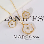 The exquisite elegance of our exclusive 18K gold plated Clover Flower Necklace Earrings Bracelet Ring Women Set. This stunning jewelry set is not only a symbol of luxury but also a perfect gift for any bride. Don't miss out on our limited-time offer with a low price that will leave you amazed.