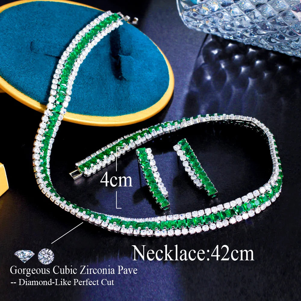 J187 presents a stunning jewelry set for Nigerian women, perfect for bridal weddings. This set features an elegant, shiny green and white baguette CZ silver color necklace and earrings. With its unique design and high-quality craftsmanship, this jewelry set is sure to make a statement on any special occasion.