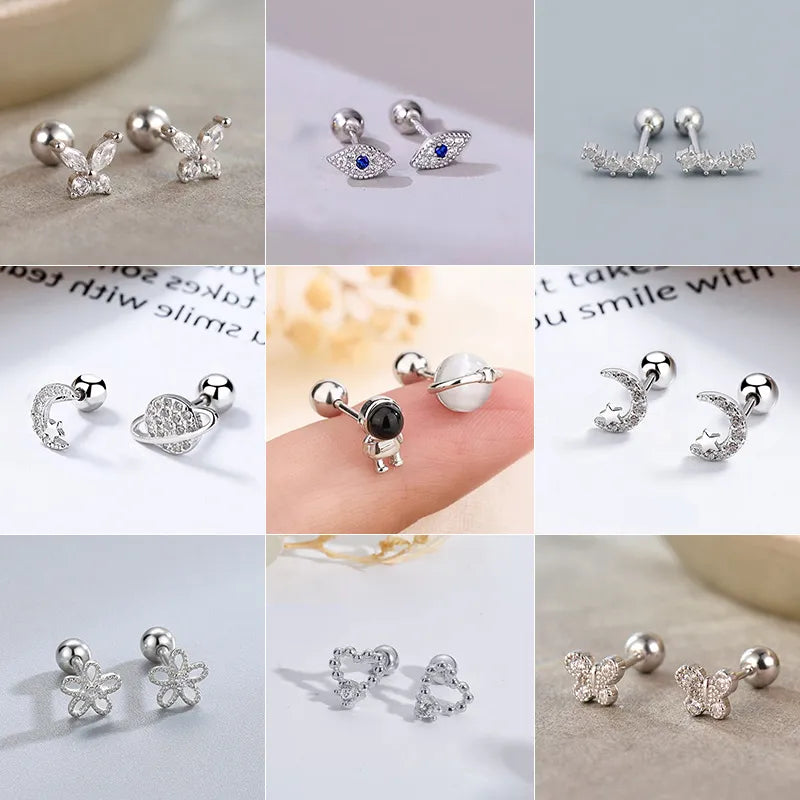 Silver Color Screw Back Helix Piercing Stud Earrings For Women Cubic Zirconia 925 Silver Needles Cartilage Earring Jewelry 2 pcs